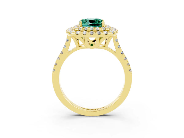 Yellow gold Double Halo Cushion Cut Green Sapphire Pavé Band with Four-Prong Setting