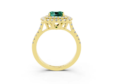 Yellow gold Double Halo Cushion Cut Green Sapphire Pavé Band with Four-Prong Setting_3