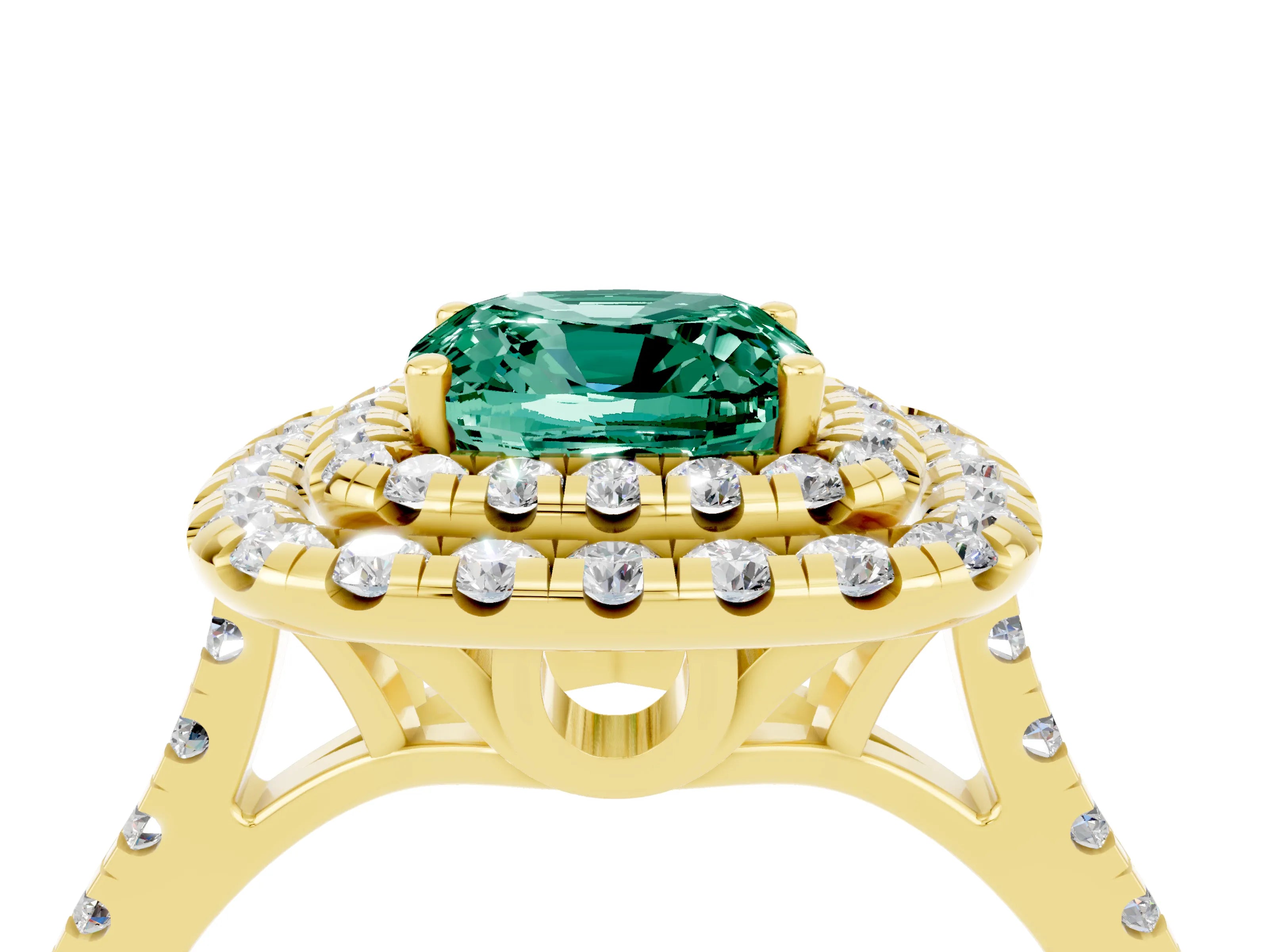 Yellow gold Double Halo Cushion Cut Green Sapphire Pavé Band with Four-Prong Setting_4