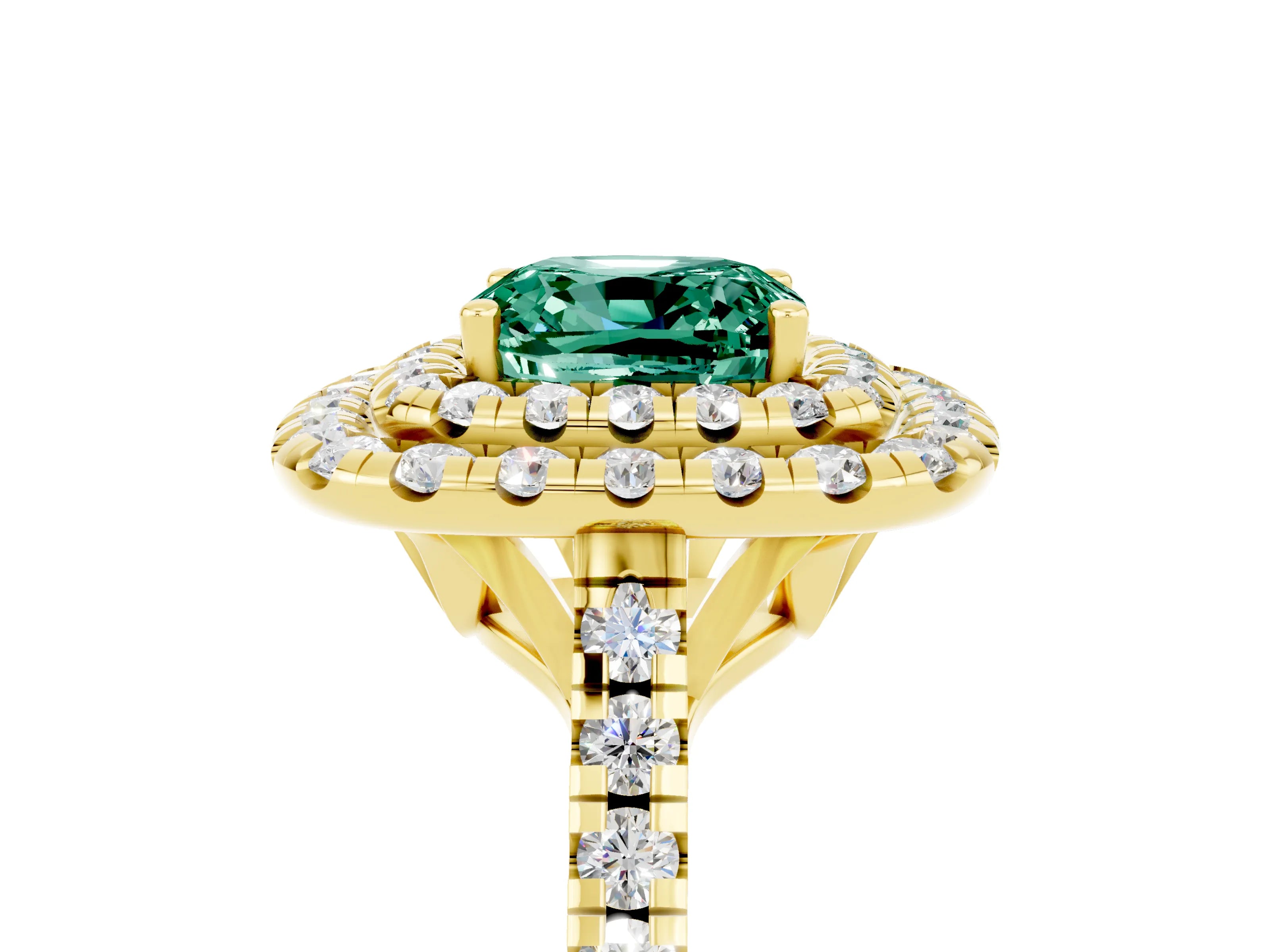 Yellow gold Double Halo Cushion Cut Green Sapphire Pavé Band with Four-Prong Setting_5