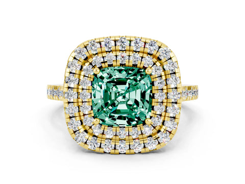 Yellow gold Double Halo Cushion Cut Green Sapphire Pavé Band with Four-Prong Setting
