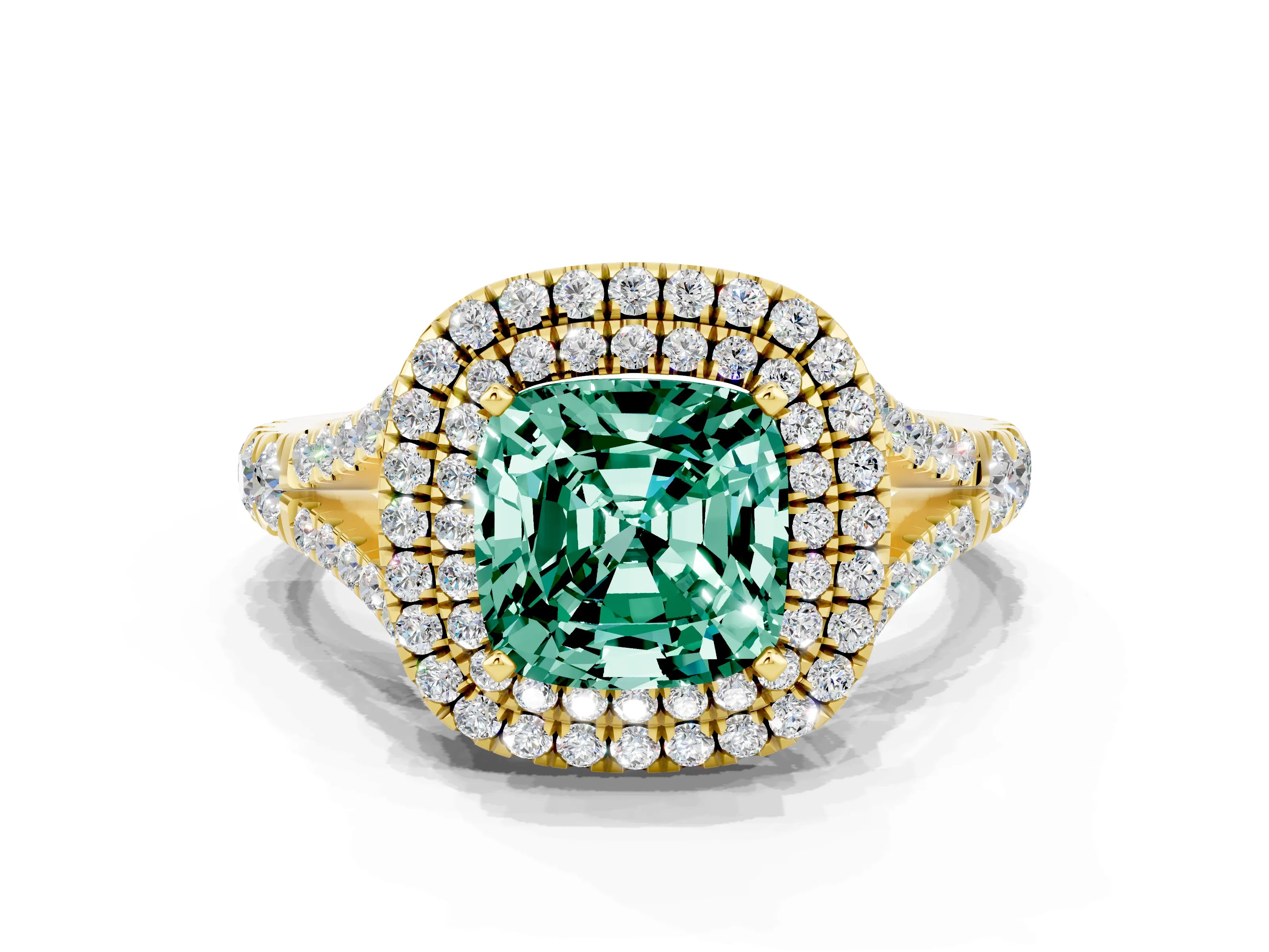 Yellow gold Double Halo Cushion Cut Green Sapphire Pavé Split Shank Ring with Prong Setting