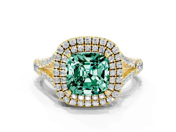 Yellow gold Double Halo Cushion Cut Green Sapphire Pavé Split Shank Ring with Prong Setting