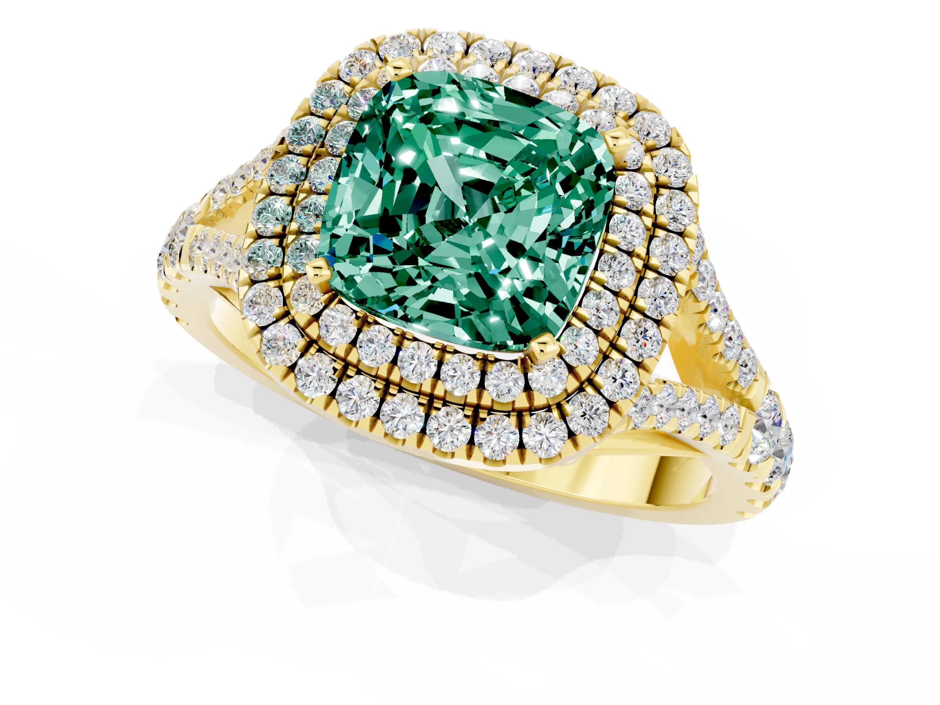Yellow gold Double Halo Cushion Cut Green Sapphire Pavé Split Shank Ring with Prong Setting_1