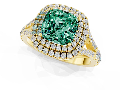 Yellow gold Double Halo Cushion Cut Green Sapphire Pavé Split Shank Ring with Prong Setting_1