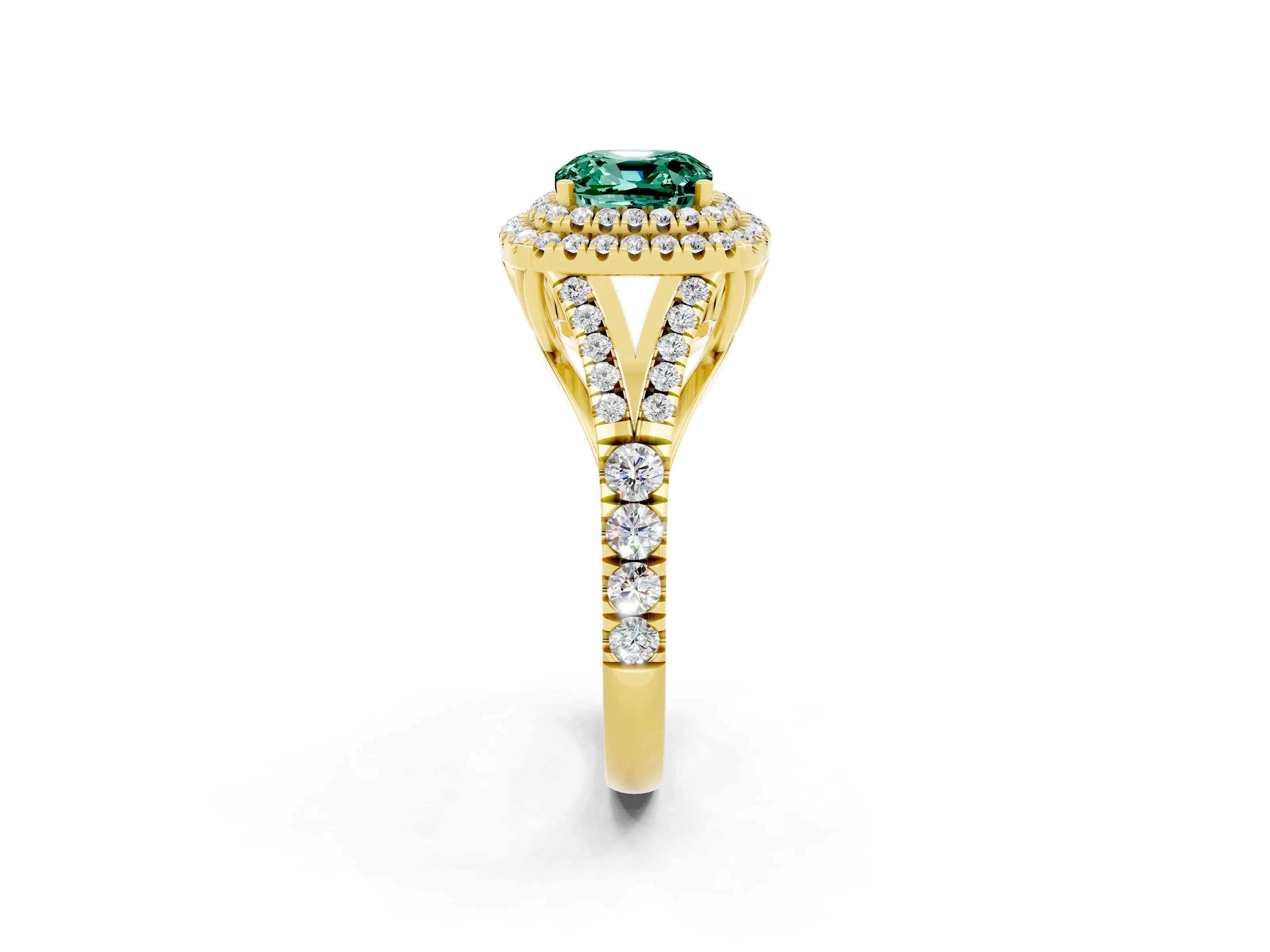 Yellow gold Double Halo Cushion Cut Green Sapphire Pavé Split Shank Ring with Prong Setting_2