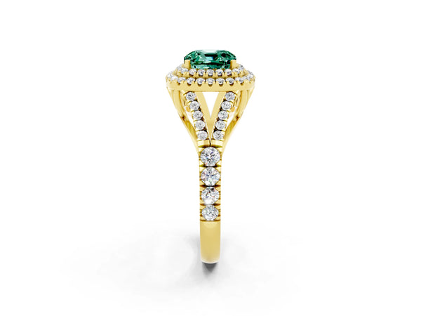 Yellow gold Double Halo Cushion Cut Green Sapphire Pavé Split Shank Ring with Prong Setting