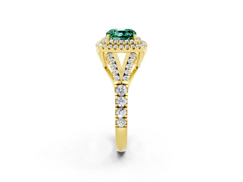 Yellow gold Double Halo Cushion Cut Green Sapphire Pavé Split Shank Ring with Prong Setting_2