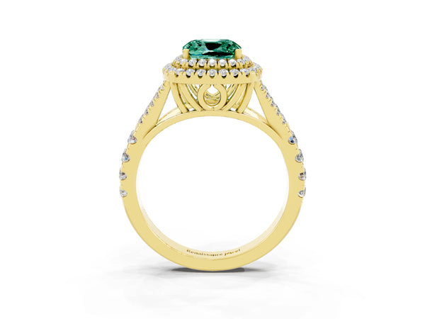 Yellow gold Double Halo Cushion Cut Green Sapphire Pavé Split Shank Ring with Prong Setting