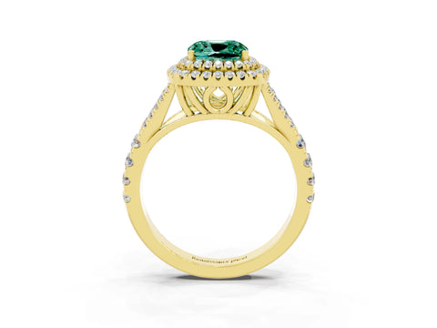 Yellow gold Double Halo Cushion Cut Green Sapphire Pavé Split Shank Ring with Prong Setting_3