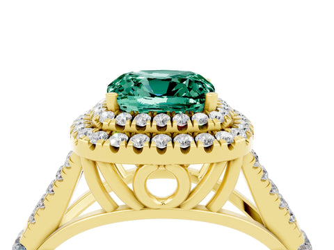 Yellow gold Double Halo Cushion Cut Green Sapphire Pavé Split Shank Ring with Prong Setting_4