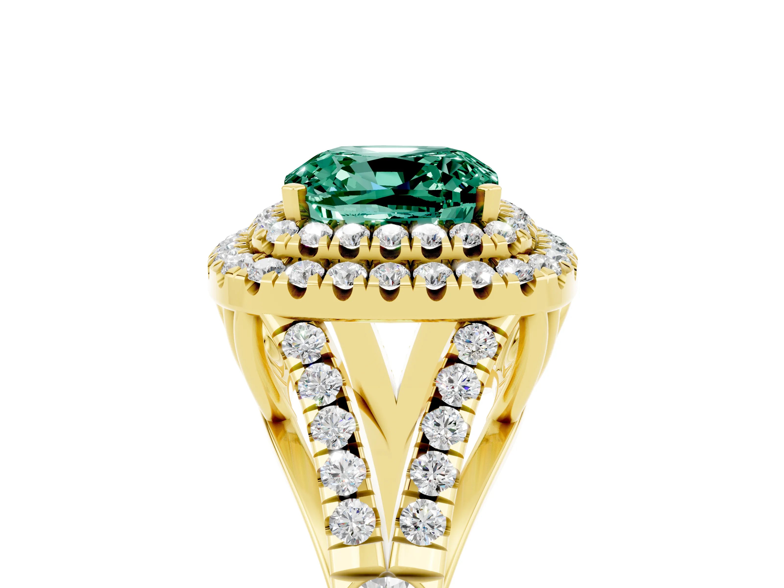 Yellow gold Double Halo Cushion Cut Green Sapphire Pavé Split Shank Ring with Prong Setting_5