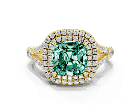 Yellow gold Double Halo Cushion Cut Green Sapphire Pavé Split Shank Ring with Prong Setting