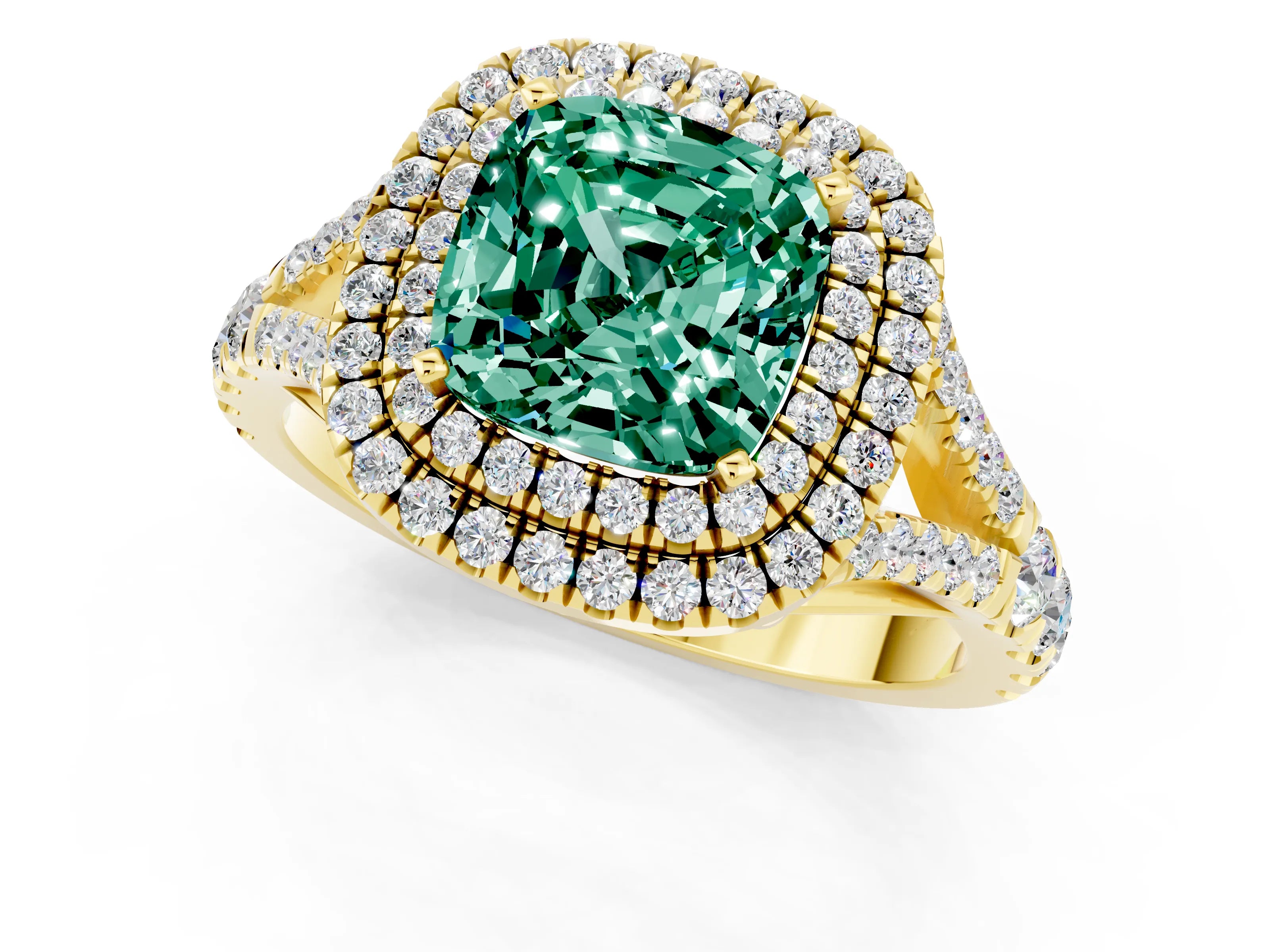 Yellow gold Double Halo Cushion Cut Green Sapphire Split Shank Engagement Ring with Four-Prong Setting_1