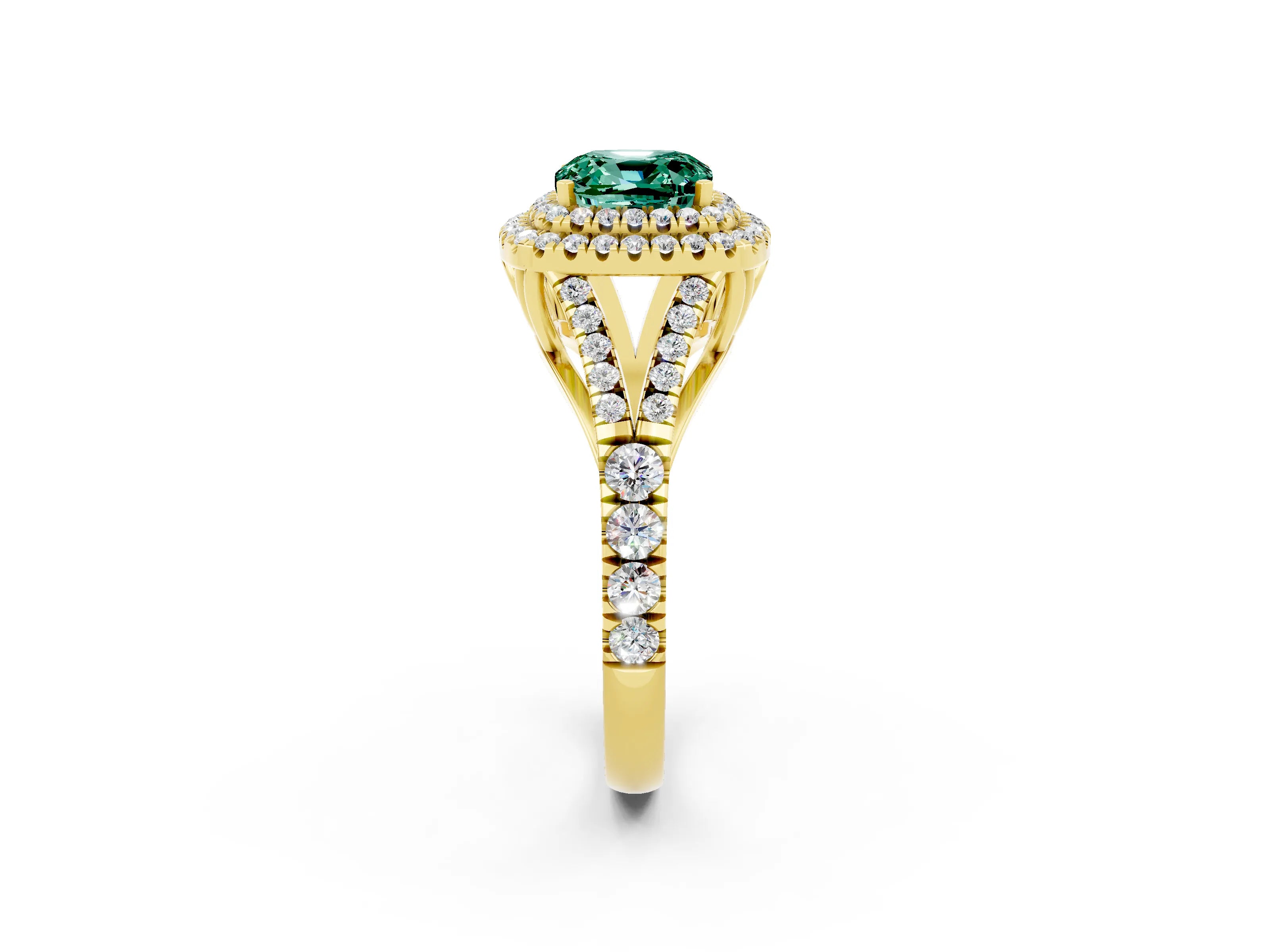Yellow gold Double Halo Cushion Cut Green Sapphire Split Shank Engagement Ring with Four-Prong Setting_2