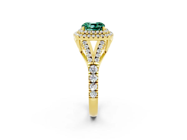 Yellow gold Double Halo Cushion Cut Green Sapphire Split Shank Engagement Ring with Four-Prong Setting
