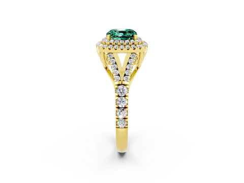 Yellow gold Double Halo Cushion Cut Green Sapphire Split Shank Engagement Ring with Four-Prong Setting_2