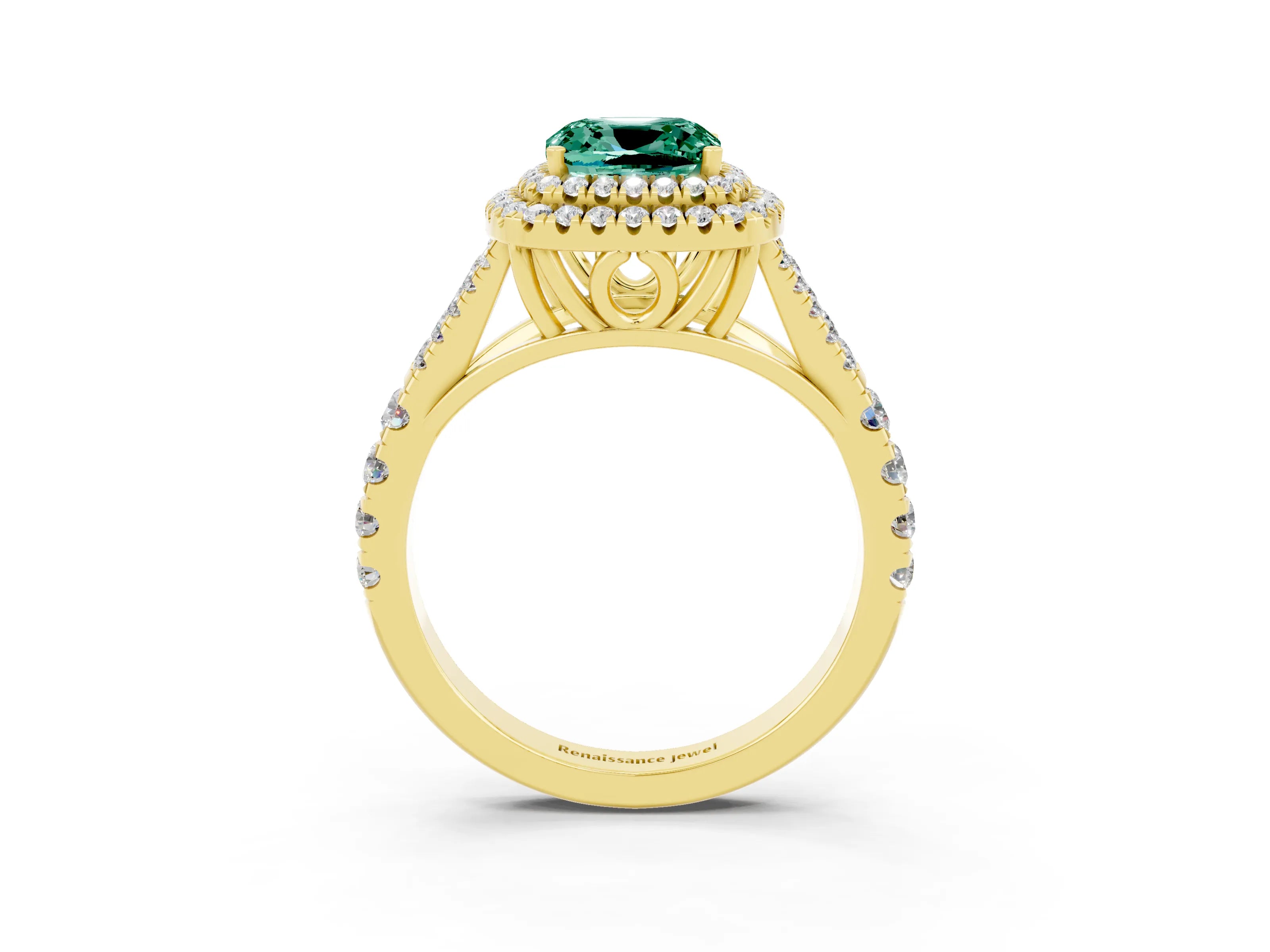 Yellow gold Double Halo Cushion Cut Green Sapphire Split Shank Engagement Ring with Four-Prong Setting_3