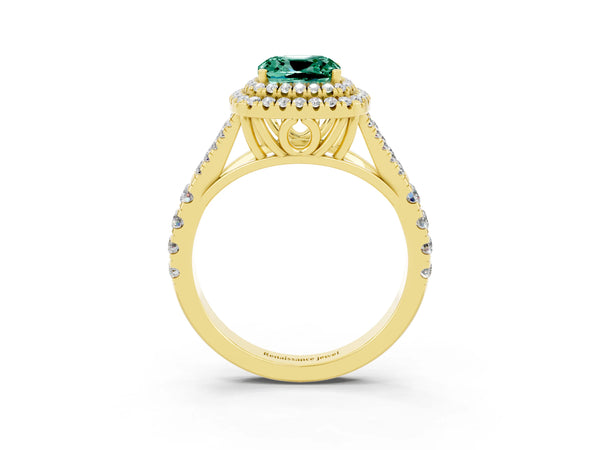 Yellow gold Double Halo Cushion Cut Green Sapphire Split Shank Engagement Ring with Four-Prong Setting