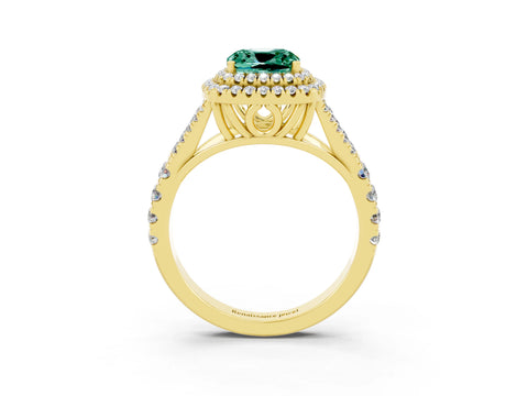 Yellow gold Double Halo Cushion Cut Green Sapphire Split Shank Engagement Ring with Four-Prong Setting_3
