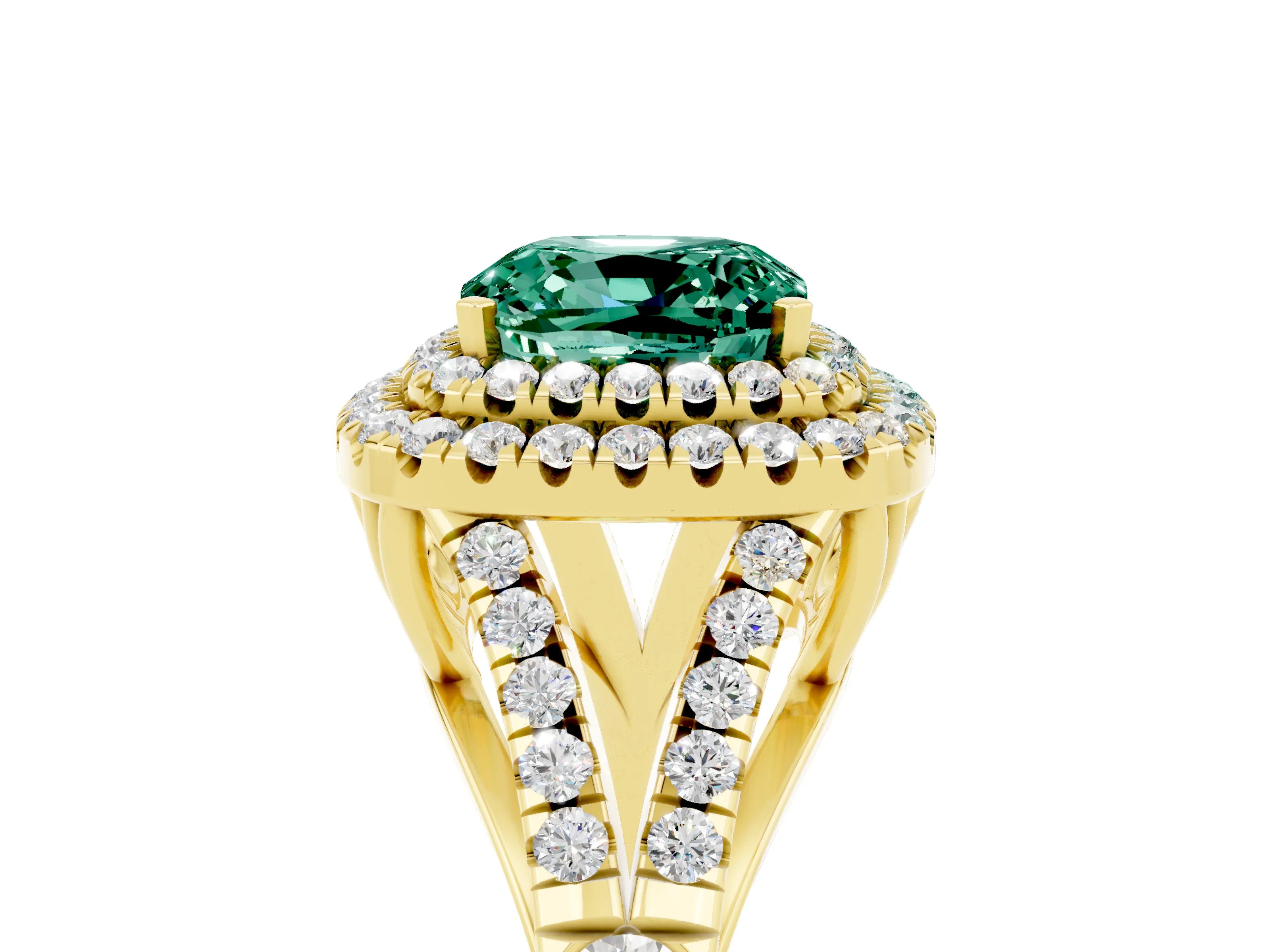 Yellow gold Double Halo Cushion Cut Green Sapphire Split Shank Engagement Ring with Four-Prong Setting_5
