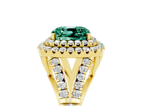 Yellow gold Double Halo Cushion Cut Green Sapphire Split Shank Engagement Ring with Four-Prong Setting_5