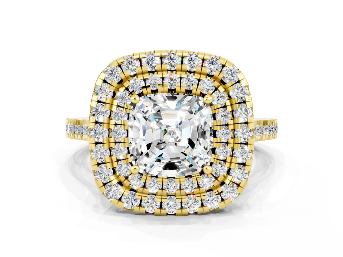 Yellow gold Double Halo Cushion Cut Moissanite Pavé Band with Four-Prong Setting