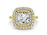 Yellow gold Double Halo Cushion Cut Moissanite Pavé Band with Four-Prong Setting