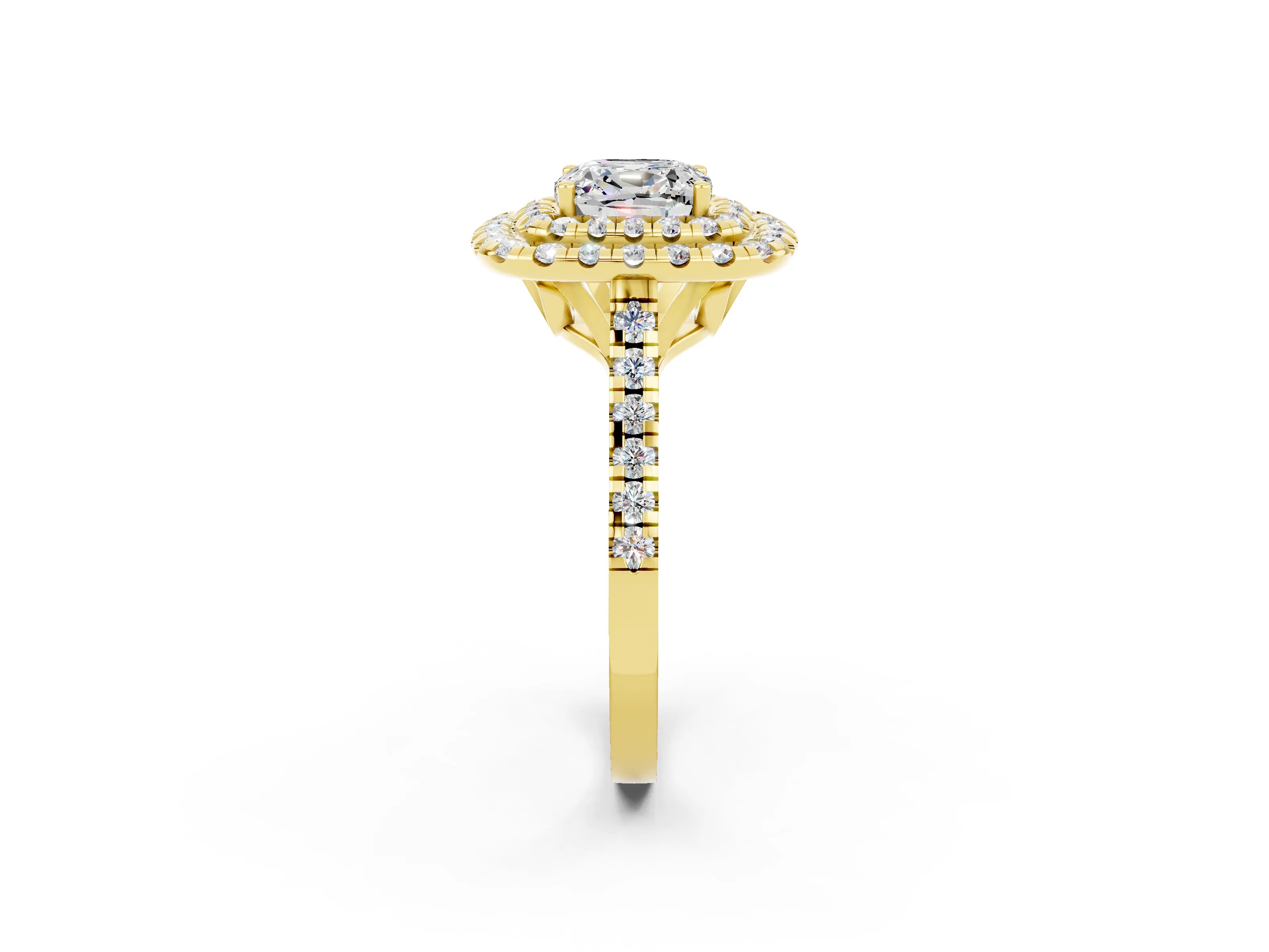 Yellow gold Double Halo Cushion Cut Moissanite Pavé Band with Four-Prong Setting_2