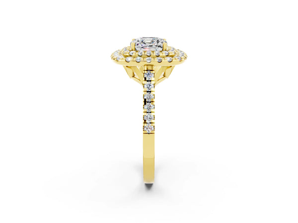 Yellow gold Double Halo Cushion Cut Moissanite Pavé Band with Four-Prong Setting