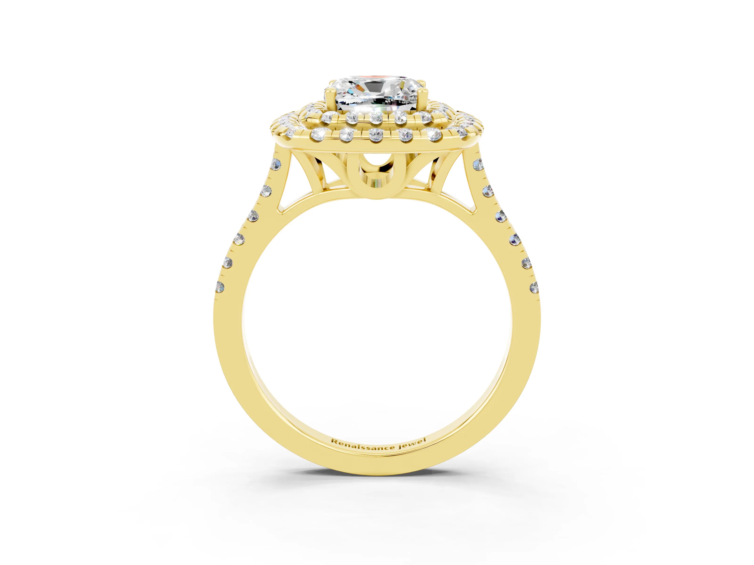 Yellow gold Double Halo Cushion Cut Moissanite Pavé Band with Four-Prong Setting_3