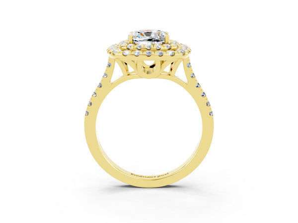 Yellow gold Double Halo Cushion Cut Moissanite Pavé Band with Four-Prong Setting