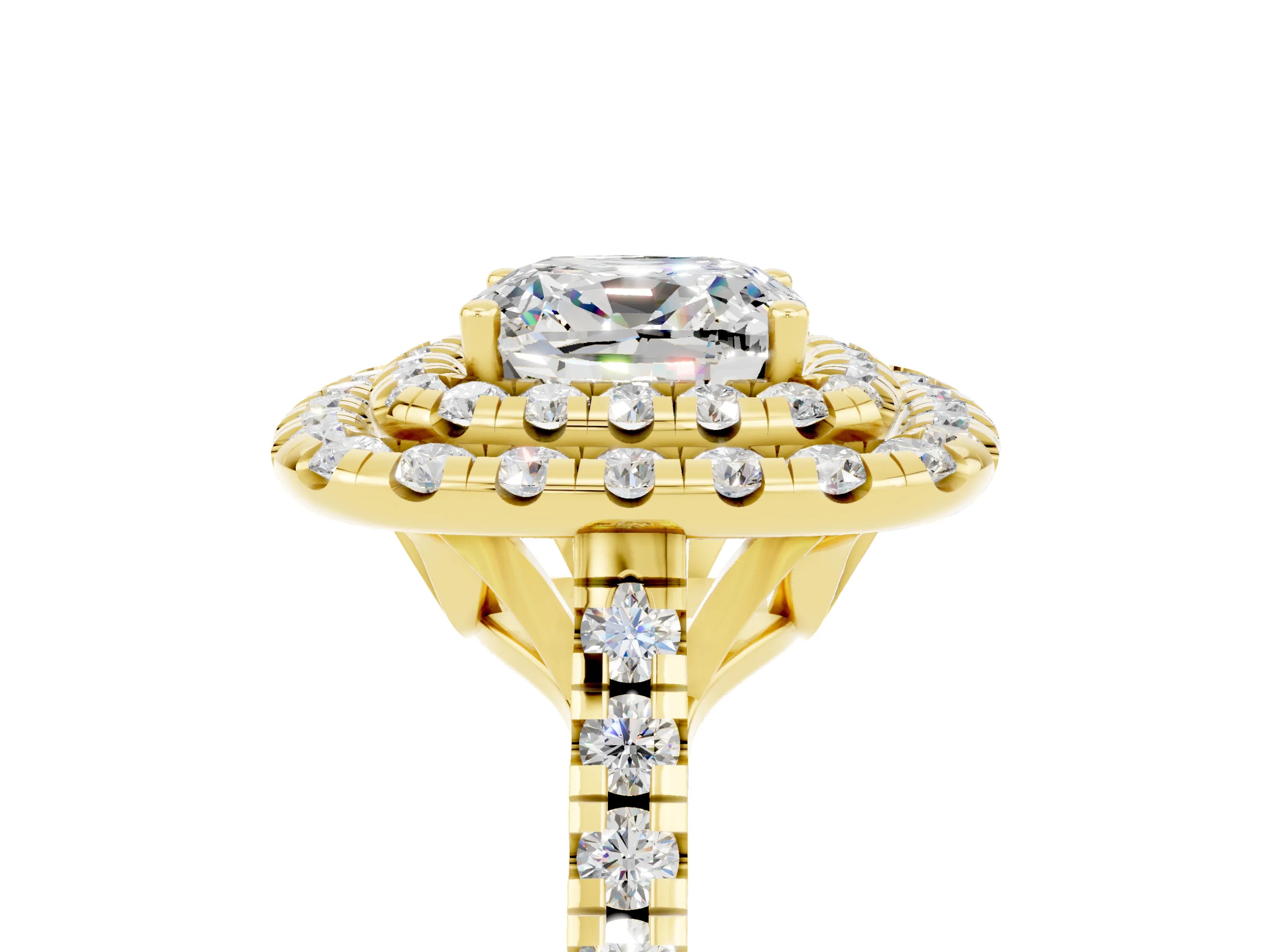 Yellow gold Double Halo Cushion Cut Moissanite Pavé Band with Four-Prong Setting_5