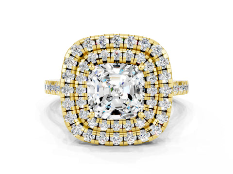 Yellow gold Double Halo Cushion Cut Moissanite Pavé Band with Four-Prong Setting