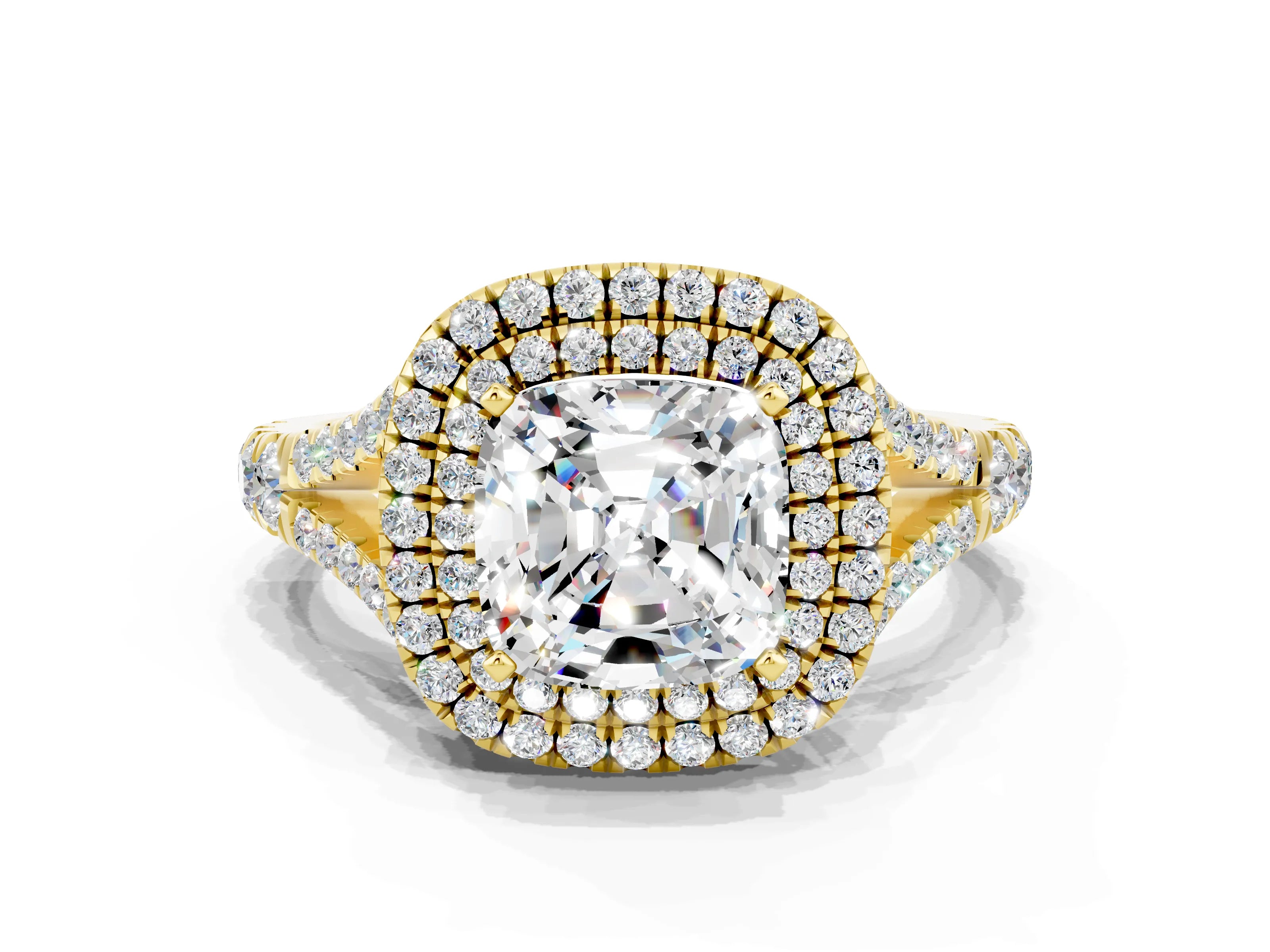 Yellow gold Double Halo Cushion Cut Moissanite Pavé Split Shank Ring with Prong Setting