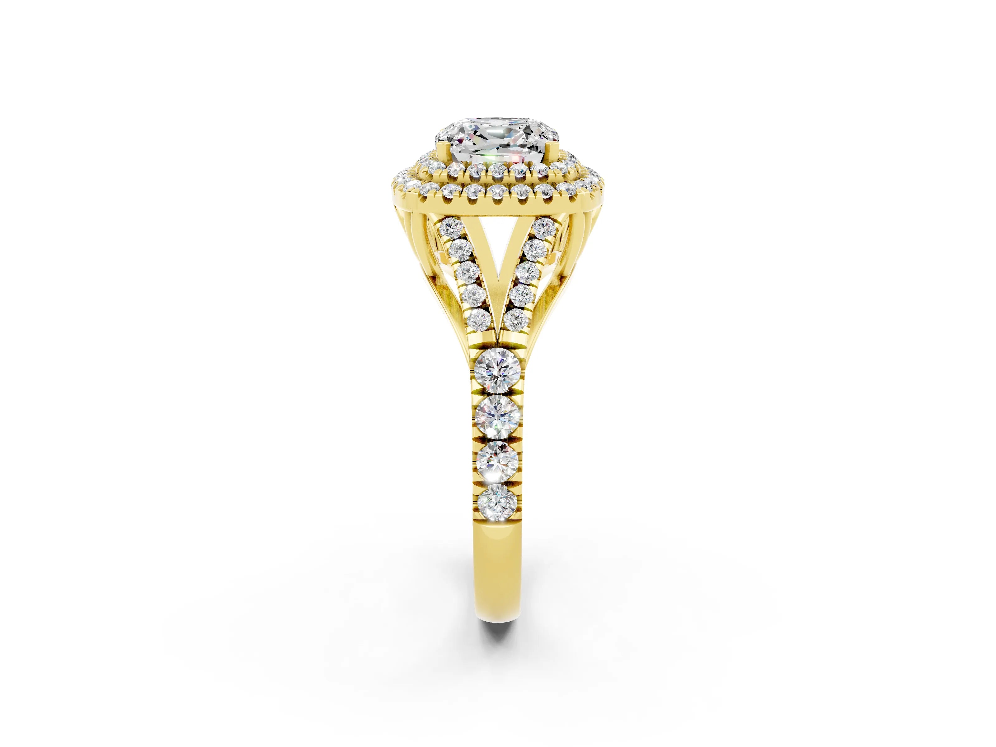 Yellow gold Double Halo Cushion Cut Moissanite Pavé Split Shank Ring with Prong Setting_2