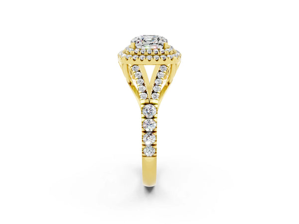 Yellow gold Double Halo Cushion Cut Moissanite Pavé Split Shank Ring with Prong Setting