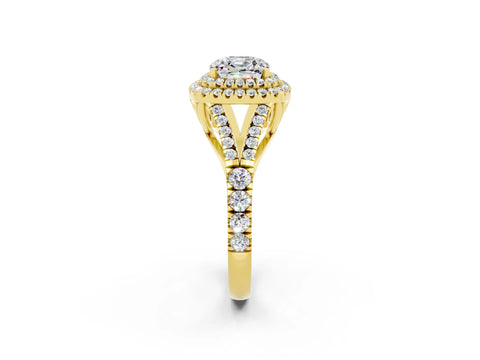 Yellow gold Double Halo Cushion Cut Moissanite Pavé Split Shank Ring with Prong Setting_2