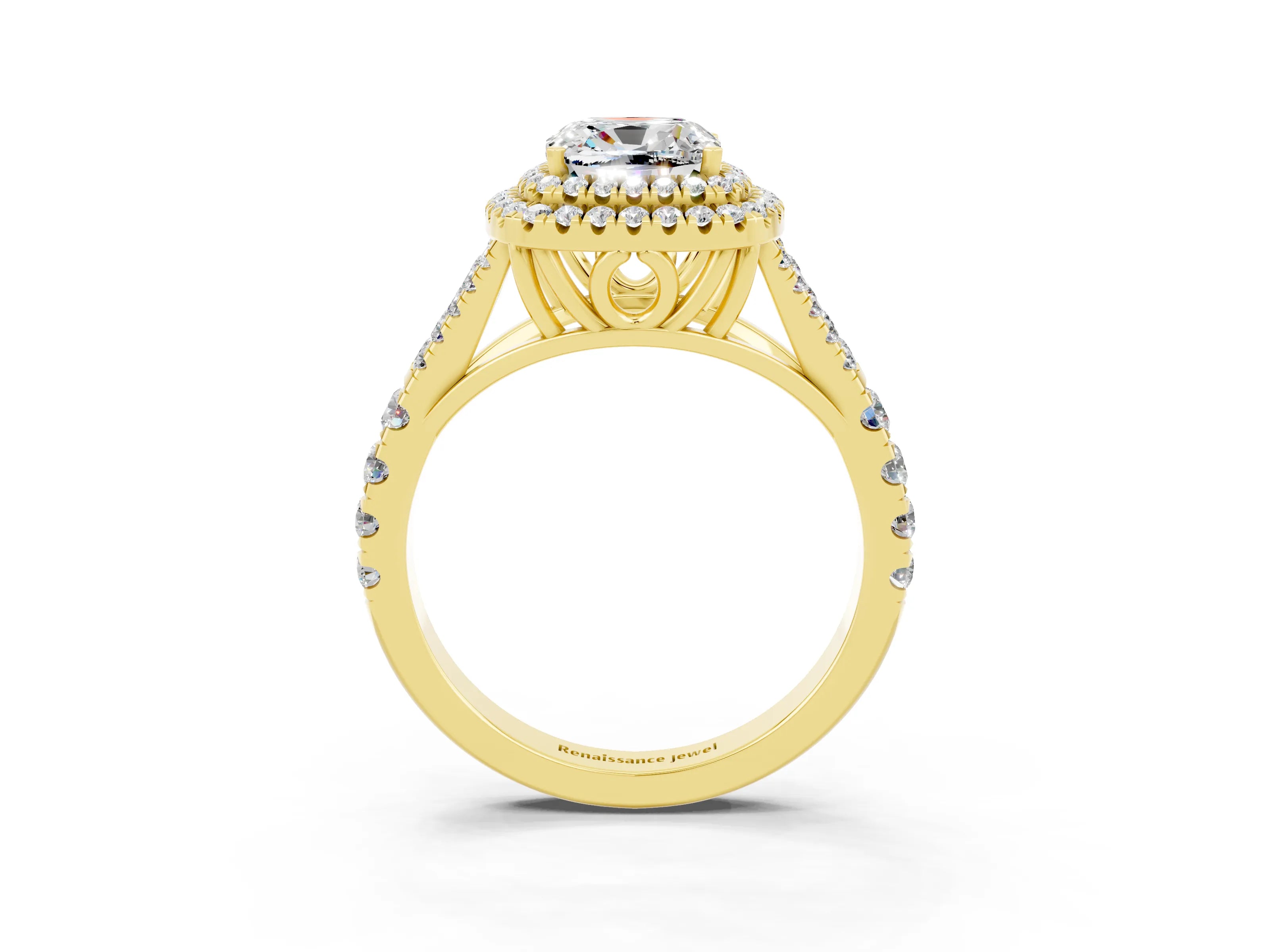 Yellow gold Double Halo Cushion Cut Moissanite Pavé Split Shank Ring with Prong Setting_3