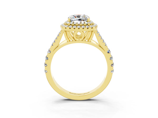 Yellow gold Double Halo Cushion Cut Moissanite Pavé Split Shank Ring with Prong Setting