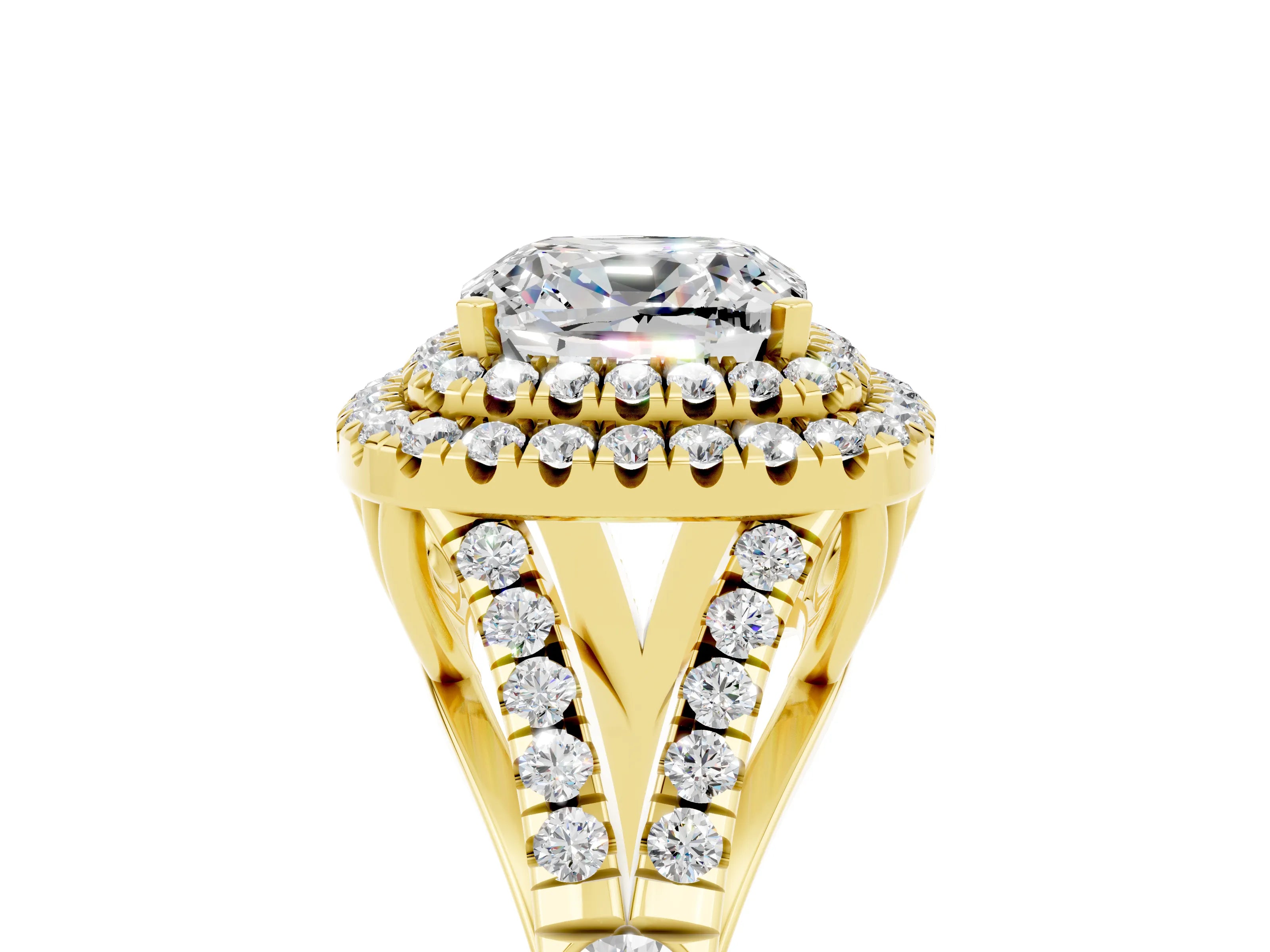 Yellow gold Double Halo Cushion Cut Moissanite Pavé Split Shank Ring with Prong Setting_5