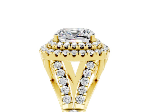 Yellow gold Double Halo Cushion Cut Moissanite Pavé Split Shank Ring with Prong Setting_5