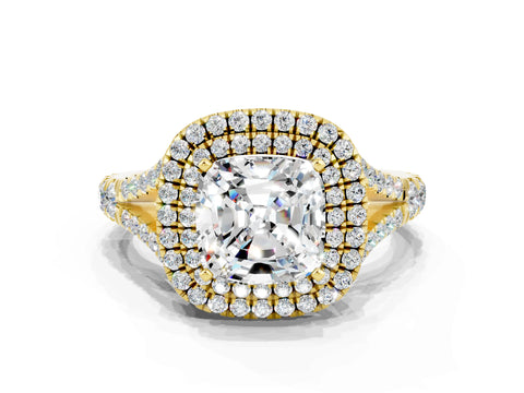 Yellow gold Double Halo Cushion Cut Moissanite Pavé Split Shank Ring with Prong Setting