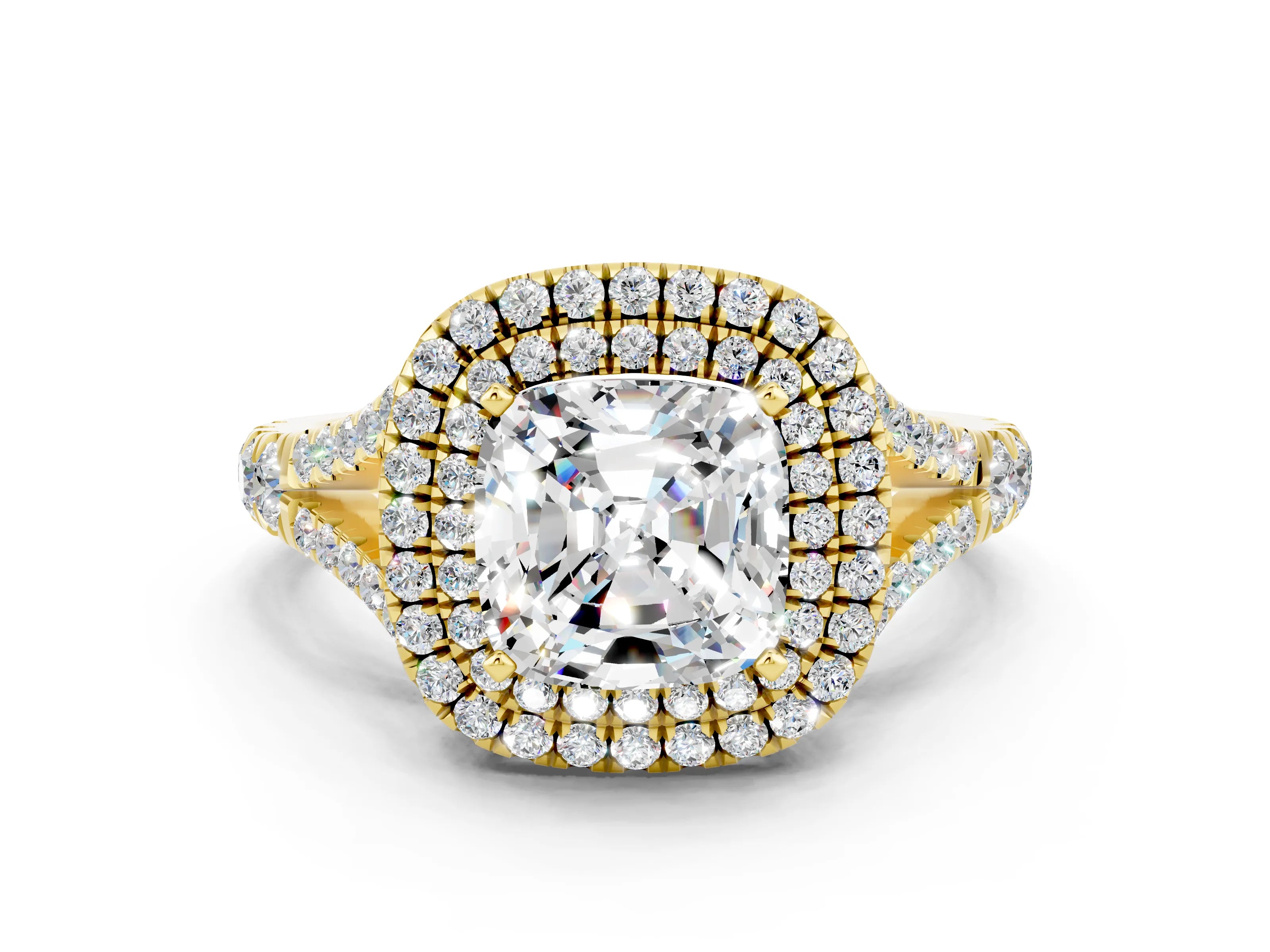 Yellow gold Double Halo Cushion Cut Moissanite Split Shank Engagement Ring with Four-Prong Setting