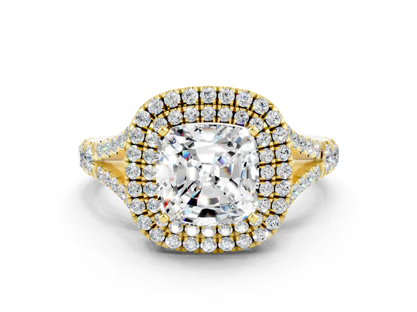 Yellow gold Double Halo Cushion Cut Moissanite Split Shank Engagement Ring with Four-Prong Setting