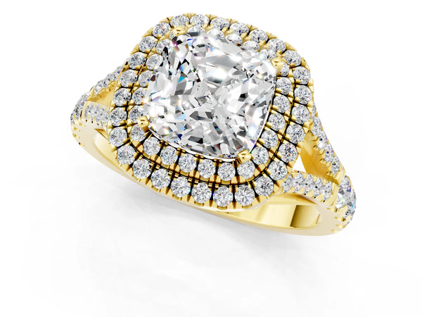 Yellow gold Double Halo Cushion Cut Moissanite Split Shank Engagement Ring with Four-Prong Setting