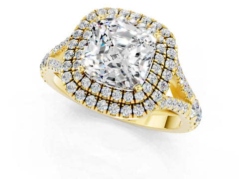 Yellow gold Double Halo Cushion Cut Moissanite Split Shank Engagement Ring with Four-Prong Setting_1