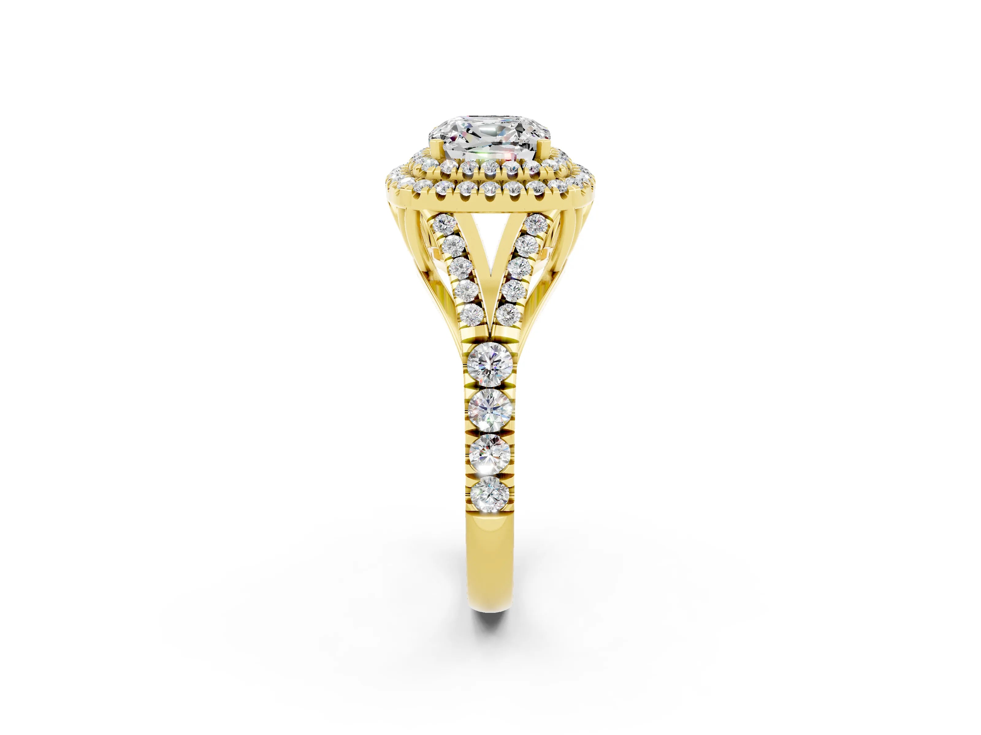 Yellow gold Double Halo Cushion Cut Moissanite Split Shank Engagement Ring with Four-Prong Setting_2