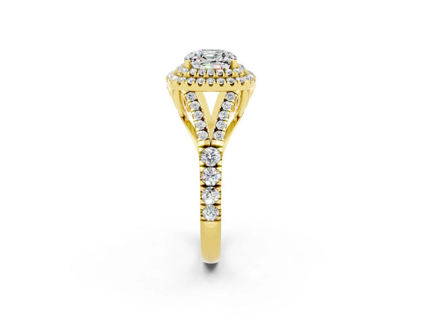 Yellow gold Double Halo Cushion Cut Moissanite Split Shank Engagement Ring with Four-Prong Setting