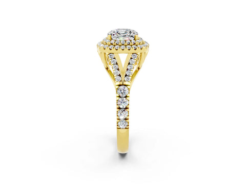 Yellow gold Double Halo Cushion Cut Moissanite Split Shank Engagement Ring with Four-Prong Setting_2